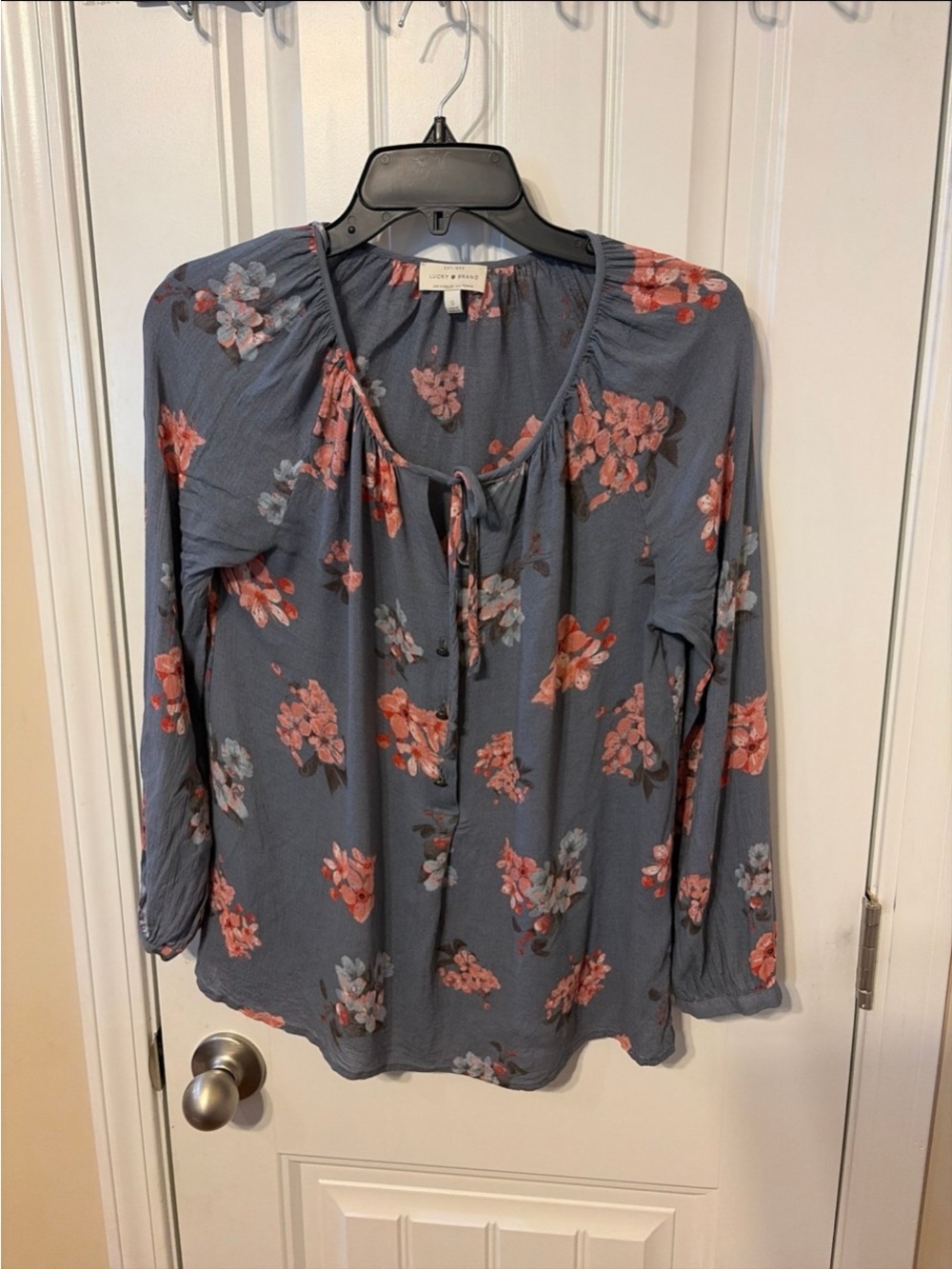 Lucky Brand Blue Floral Tie-Front Long Sleeve Blouse